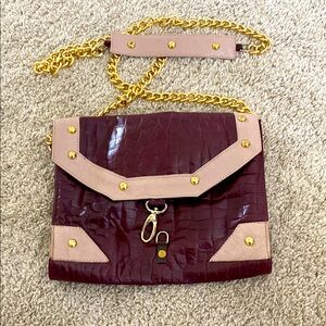 JJ Winters Burgundy and Tan Crossbody Bag with Gold Accents